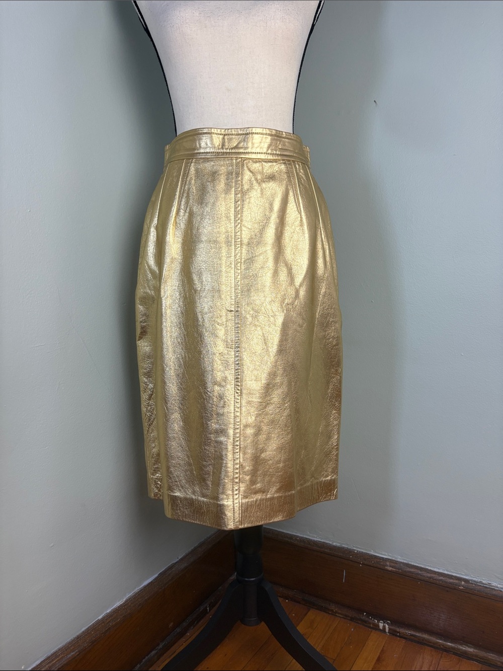 Vintage Escada Metallic Gold Leather Pencil Skirt